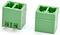 Green two-pin screw terminal block connector shown from two angles, with metal pins visible on one side.