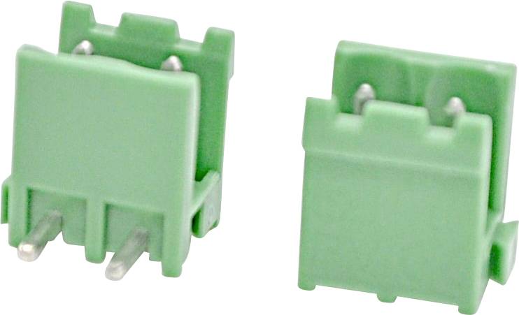 Two green two-pin electrical connectors shown from two angles on a white background.
