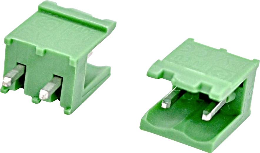 Two green two-pin electrical connectors shown from different angles on a white background.