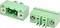 Two green 2-pin screw terminal block connectors shown from front and back on a white background.