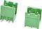 Two green PCB terminal block connectors shown from angled front views, each with metal pins protruding for circuit board mounting.