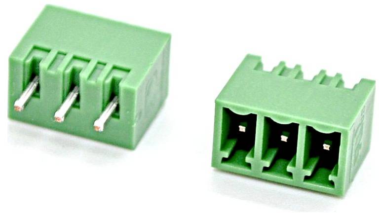 Two green 3-pin terminal block connectors shown from the front and rear, with metal pins visible on one and wire-entry openings on the other.