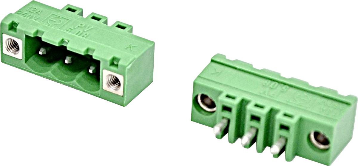 Green three-pin screw terminal connector block shown from two angles on a white background.