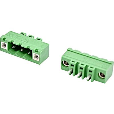 Green three-pin screw terminal connector block shown from two angles on a white background.