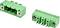 Green three-pin screw terminal connector block shown from two angles on a white background.