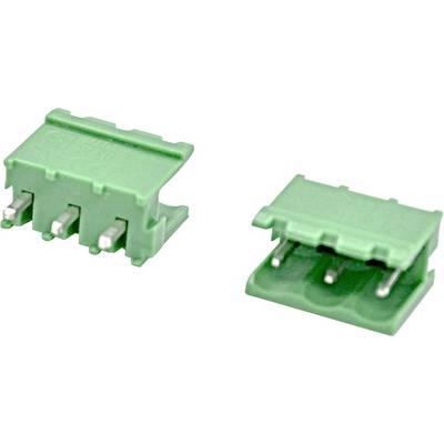Green 3-pin electrical connector shown in two views, highlighting the plastic housing and metal pins.