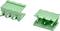 Green 3-pin electrical connector shown in two views, highlighting the plastic housing and metal pins.