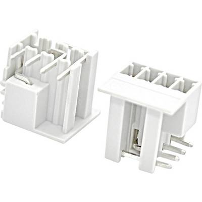 Two white plastic electrical connector housings shown from top and side views, with several metal pins visible on the right connector.