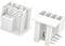 Two white plastic electrical connector housings shown from top and side views, with several metal pins visible on the right connector.
