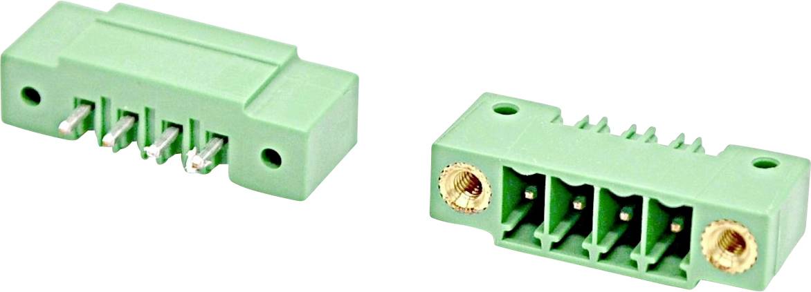 Two green 4-position screw terminal blocks with metal connectors, shown from two angles on a white background.