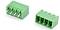 Two green 4-pin PCB terminal blocks, one showing metal pins and one showing wire entry openings.<br>