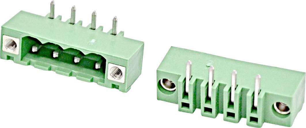Two green four-pin electrical connectors shown from different angles, with metal terminal pins and screw-mount ends.