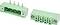 Two green four-pin electrical connectors shown from different angles, with metal terminal pins and screw-mount ends.