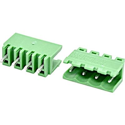 Two green plug-in electrical terminal block connectors with metal pins, shown from two angles on a white background.