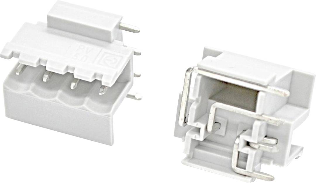 Two views of a white plastic electrical connector housing with metal pins and clips, shown against a plain background.