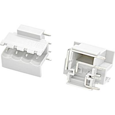 Two views of a white plastic electrical connector housing with metal pins and clips, shown against a plain background.