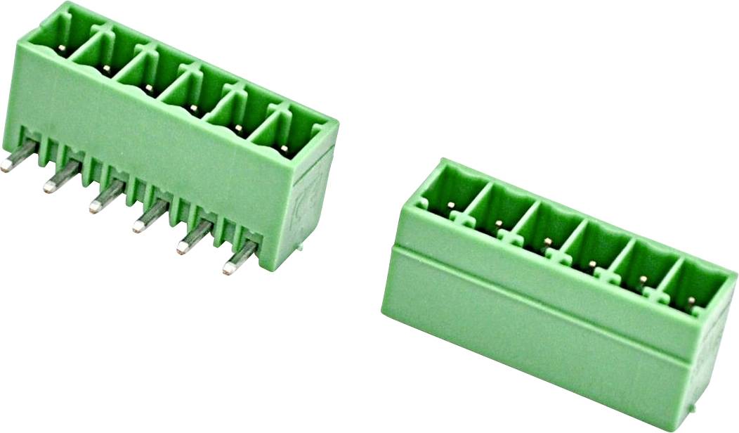 Two green rectangular multi-pin terminal blocks shown at angles on a white background.