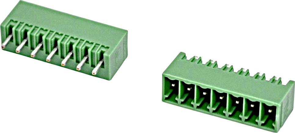 Two green 8-pin electrical terminal blocks shown at angles on a white background, one side-view with metal pins and one front-view with wire openings.