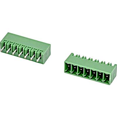 Two green 8-pin electrical terminal blocks shown at angles on a white background, one side-view with metal pins and one front-view with wire openings.