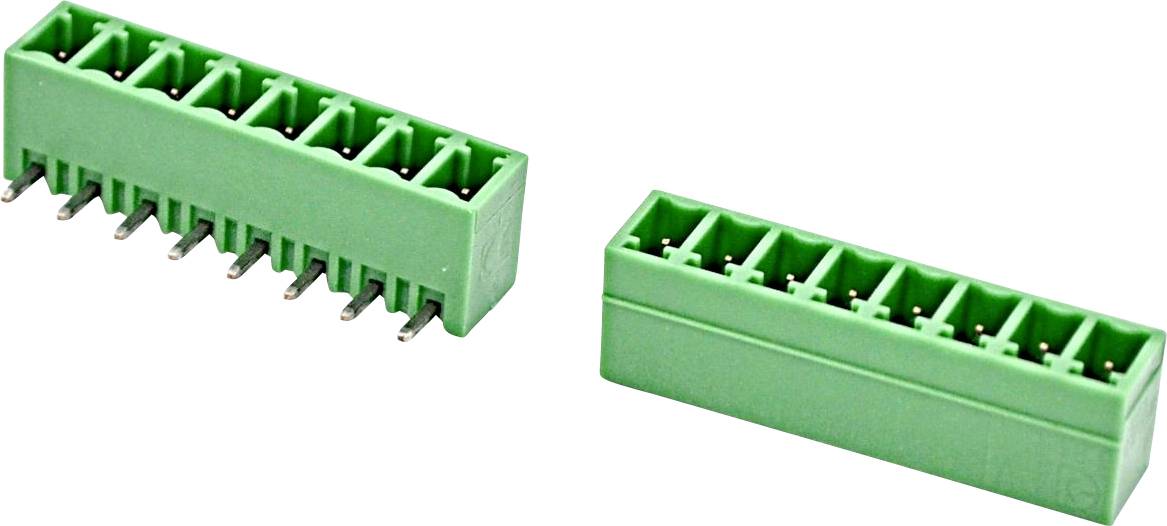 Green electrical connector terminal block shown in two angled views on a white background.