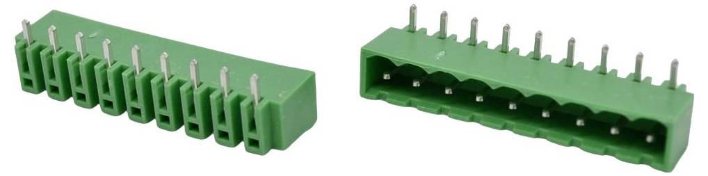 Two green rectangular electrical connector blocks with multiple metal pins, shown in angled front and rear views on a white background.