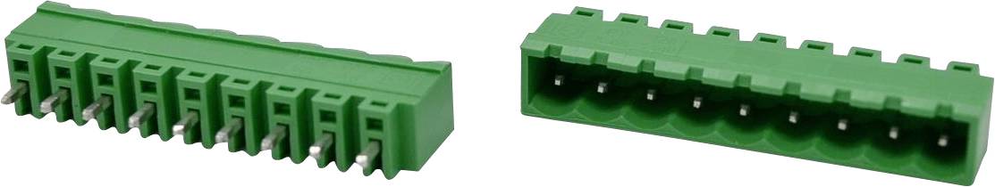 Two green multi-pin electrical connector blocks shown side by side, one angled view and one front view with visible socket openings.