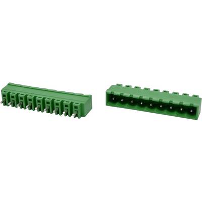 Two green multi-pin electrical connector blocks shown side by side, one angled view and one front view with visible socket openings.