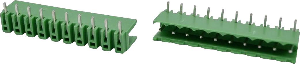 Two views of a green PCB screw terminal block connector with multiple metal pins, shown from top and side.