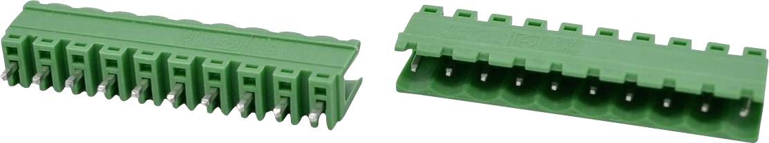 Green plastic electrical connector block shown from the front and back, with multiple wire terminals and locking tabs.