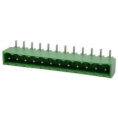 Green screw terminal block with multiple metal pin connectors for wiring connections.