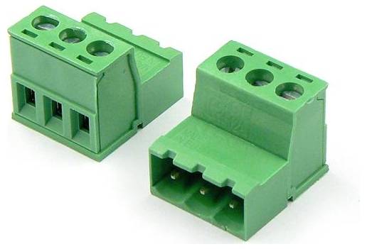 Two green pluggable terminal block connectors with screw holes and three-pin openings, shown on a white background.