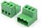 Two green pluggable terminal block connectors with screw holes and three-pin openings, shown on a white background.