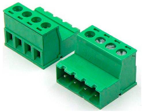 Three green screw terminal block connectors with multiple circular wire ports, shown on a white background.<br>