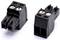 Two black electrical connector plugs shown side by side on a white background, each with two round openings and mounting holes.
