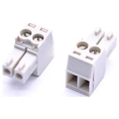 Two white two-pin electrical connector plugs shown from the front and back on a plain background.<br>