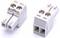Two white two-pin electrical connector plugs shown from the front and back on a plain background.<br>