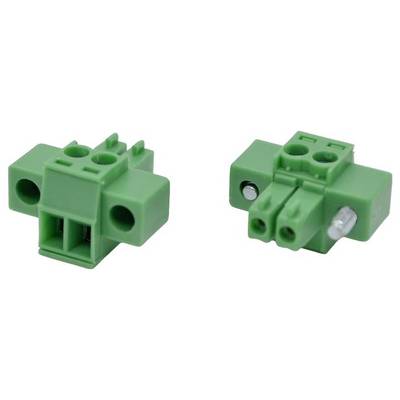 Two green plug-in terminal block connectors shown side by side, with screw clamp openings and metal contact terminals.
