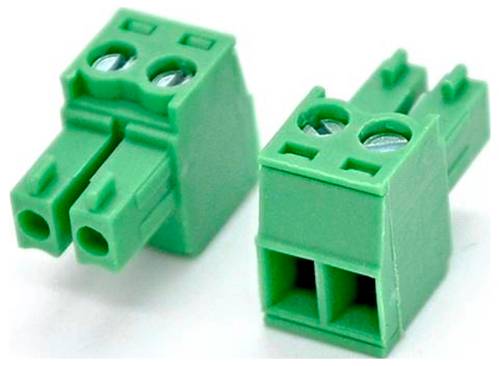 Two green two-pin screw terminal connector plugs shown on a white background.<br>