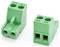 Two green two-pin electrical terminal block connectors shown on a white background, one angled with side entry and one front-facing.