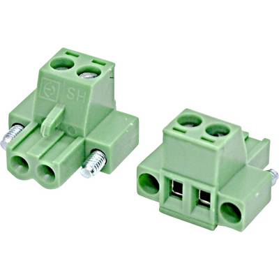 Two green 2-pin screw terminal connectors shown from different angles on a white background.