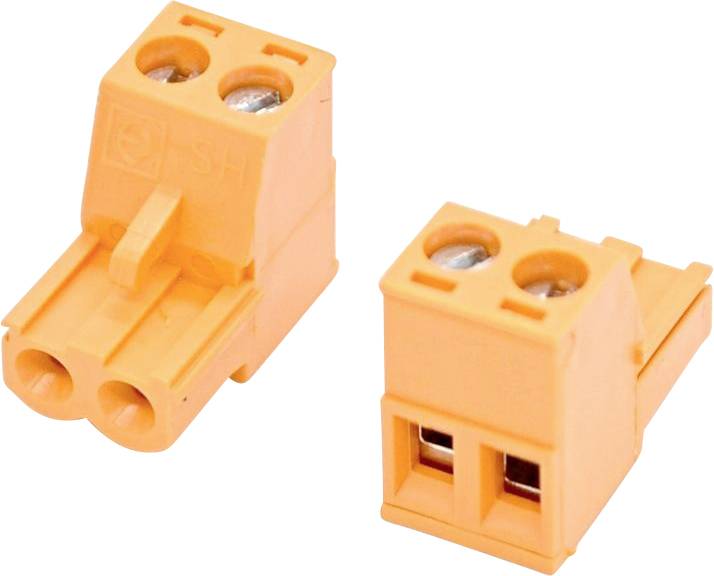 Two orange two-pin electrical connector blocks shown from different angles on a white background.