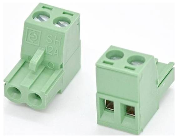 Two green two-position screw terminal blocks for wire connections, shown from front and angled side views on a white background.