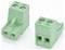 Two green two-position screw terminal blocks for wire connections, shown from front and angled side views on a white background.