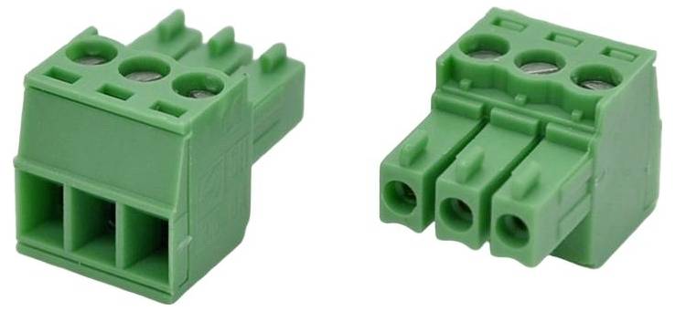 Green three-position electrical terminal block connector shown from two angles on a white background.