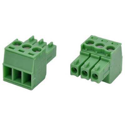 Green three-position electrical terminal block connector shown from two angles on a white background.