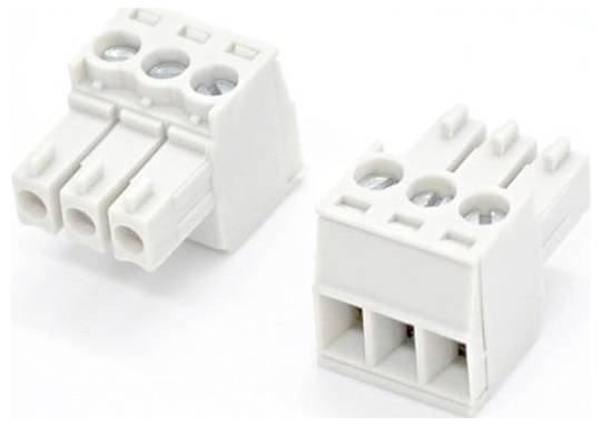 Two white electrical connector blocks with screw terminals and wire entry ports, shown on a plain background.