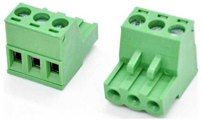 Two green 3-pin screw terminal block connectors shown from different angles on a white background.