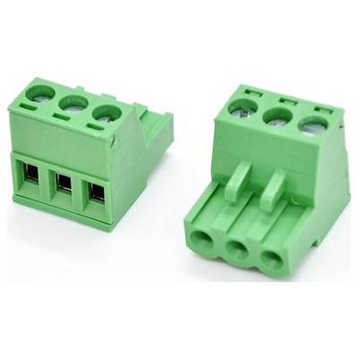 Two green 3-pin screw terminal block connectors shown from different angles on a white background.