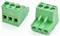 Two green 3-pin screw terminal block connectors shown from different angles on a white background.