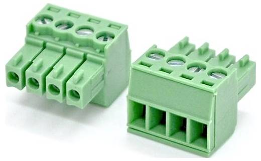 Two green four-position screw terminal blocks with wire-entry openings, shown side by side on a white background.